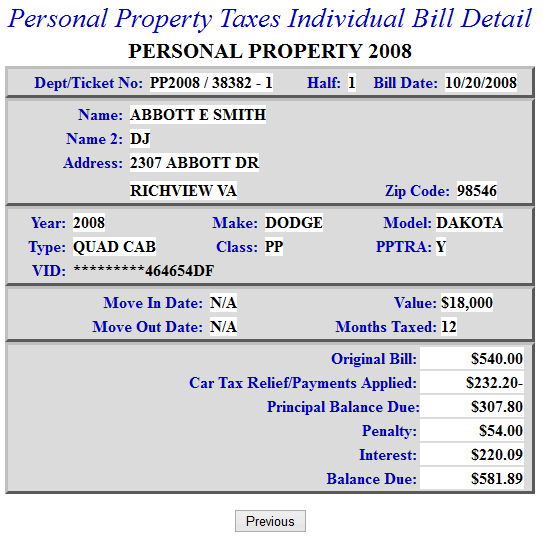 Bill detail example screen
